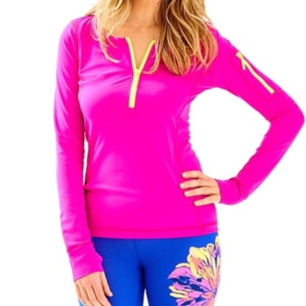 Lilly Pulitzer Luxletic Neon Pink Long Sleeve 1/4 Zip Athletic Top
